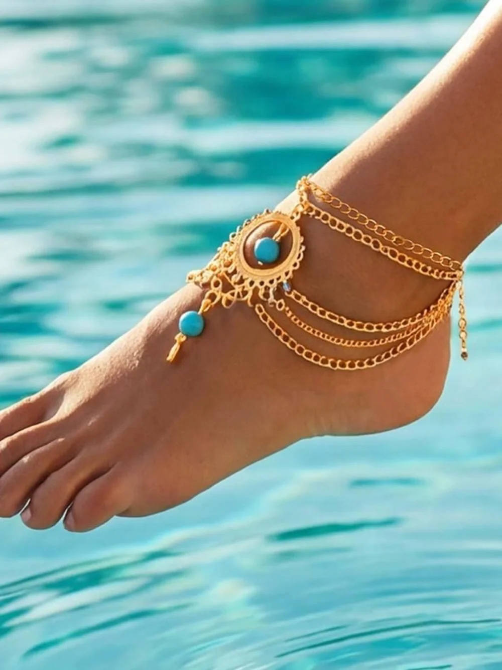 Anthropologie Gold Multi‑Strand Bracelet with Turquoise Beads